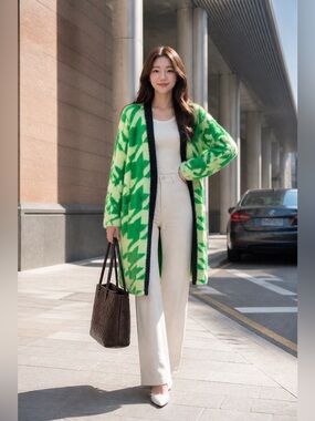 Rehab Lab Women’s Big Houndstooth Fluffy Open Cardigan Green Size M NWOT